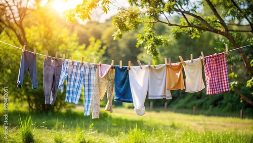 Clean clothes hanging on a rope outdoors on laundry day, laundry, clothesline, drying, fresh, hanging, clean, clothes photo