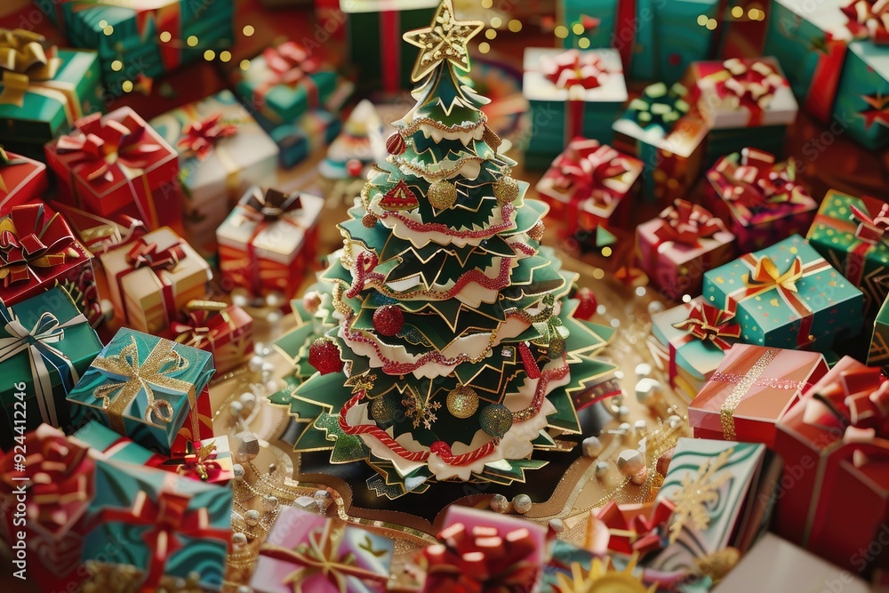 Naklejka premium A 3D paper cut depiction of a Christmas tree surrounded by beautifully wrapped gifts, with each layer showing intricate details like ornaments, tinsel, and ribbons