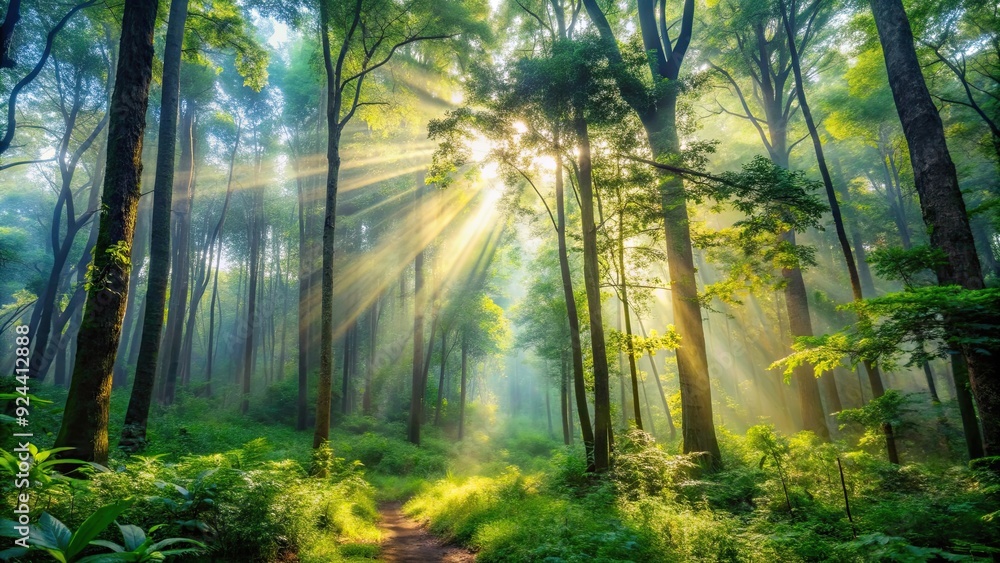 Obraz premium Serene forest with sunlight filtering through trees, gentle mist, lush greenery, forest, sunlight, trees, mist, greenery