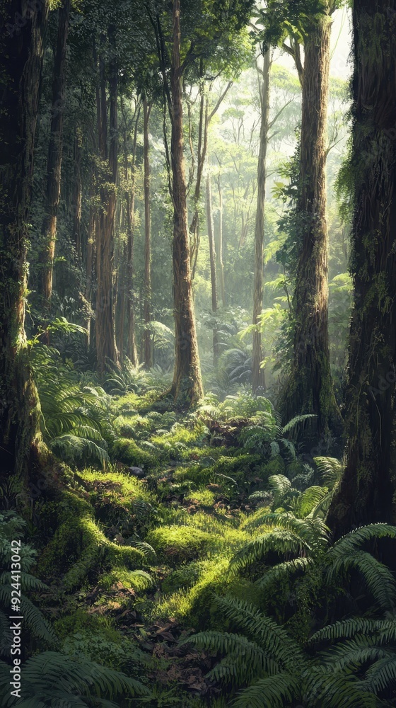 Obraz premium In a vibrant forest, sunlight filters through tall trees illuminating the ferns below