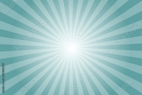 Blue sun ray vector background. Radial beam sunrise or sunset light retro design illustration. Cadet blue sunburst glowing background.