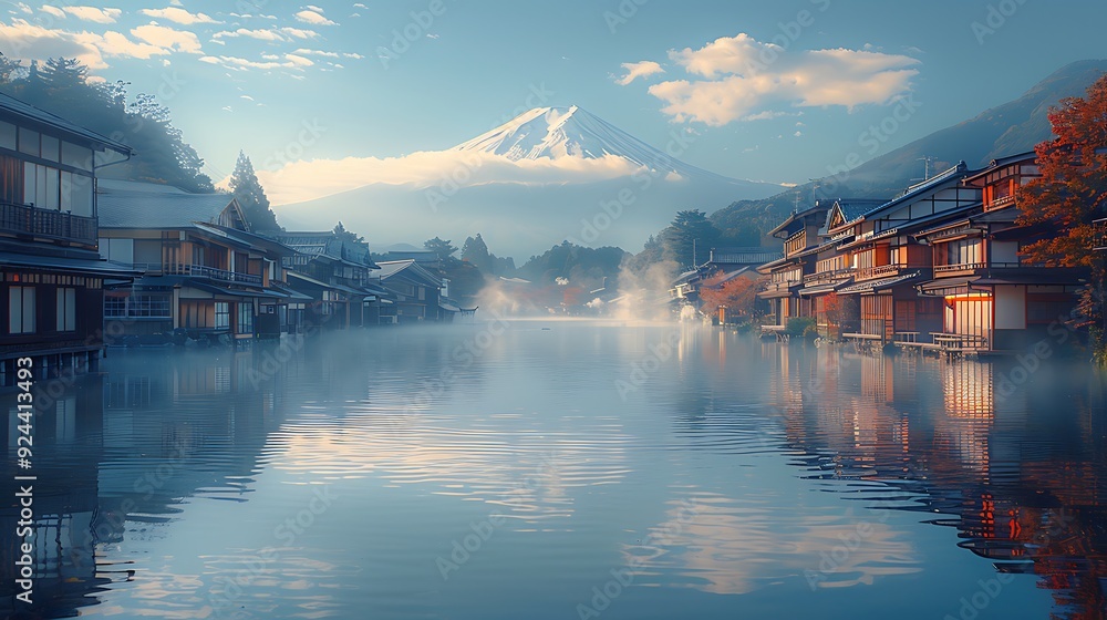 Fototapeta premium A captivating view of Hakone, hot spring town with Mount Fuji in the background, gentle morning light casting warm shadows, steam rising from the springs, peaceful and serene setting, rich colors,
