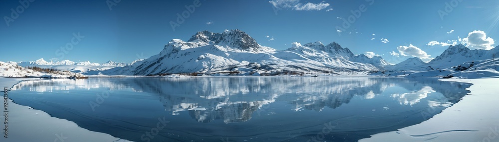 Breathtaking panoramic view of a serene mountain lake, surrounded by snow-capped peaks and a clear blue sky, reflecting nature's beauty in perfect tranquility. Breathtaking panoramic view of a serene mountain lake, surrounded by snow-capped peaks and a clear blue sky, reflecting nature's beauty in perfect tranquility.