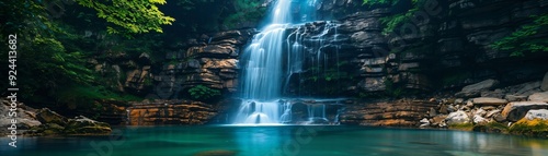 A breathtaking view of a hidden waterfall cascading down rocky cliffs, surrounded by lush greenery, creating a tranquil atmosphere that invites peaceful contemplation and adventure.