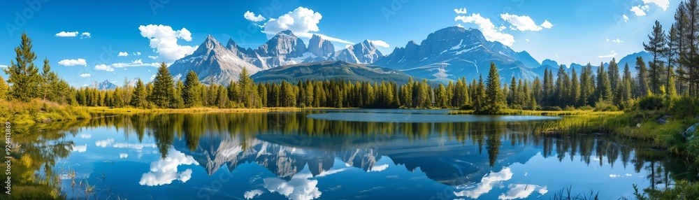Breathtaking Reflection of Majestic Peaks in a Tranquil Lake Surrounded by Lush Greenery Under a Bright Blue Sky with Fluffy White Clouds Above in a Picturesque Landscape Breathtaking Reflection of Majestic Peaks in a Tranquil Lake Surrounded by Lush Greenery Under a Bright Blue Sky with Fluffy White Clouds Above in a Picturesque Landscape