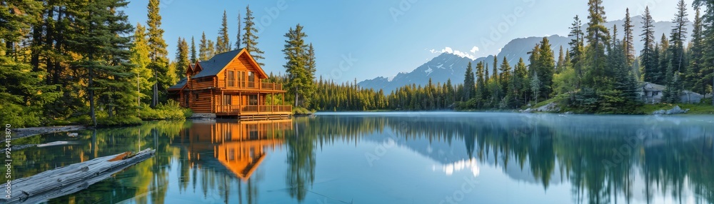 Fototapeta premium A picturesque lakeside cabin nestled in a forest, reflecting on tranquil waters with majestic mountains in the background creates an enchanting retreat for nature lovers.