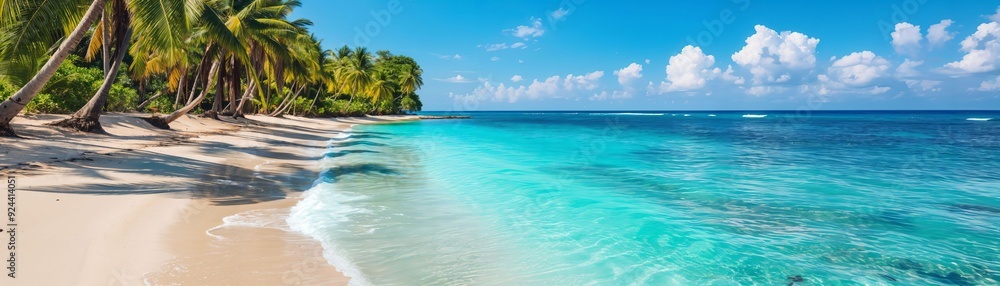 Discover the Alluring Charm of a Tropical Paradise: Experience the Serenity of Soft Sands and Crystal-Clear Waters Lined with Lush Green Palm Trees and Vibrant Blue Skies. Discover the Alluring Charm of a Tropical Paradise: Experience the Serenity of Soft Sands and Crystal-Clear Waters Lined with Lush Green Palm Trees and Vibrant Blue Skies.