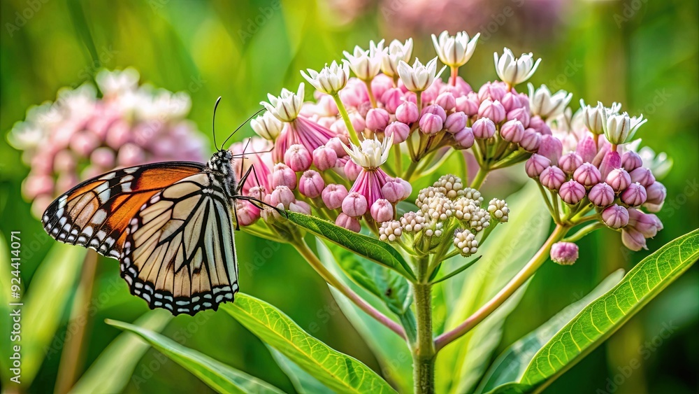 Fototapeta premium Delicate pink and white blooms of swamp milkweed, a perennial wildflower, thrive in wetlands, attracting butterflies and pollinators with its fragrant, nectar-rich flowers.