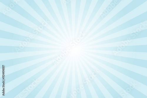 Blue sun ray vector background. Radial beam sunrise or sunset light retro design illustration. Celeste blue sunburst glowing background.