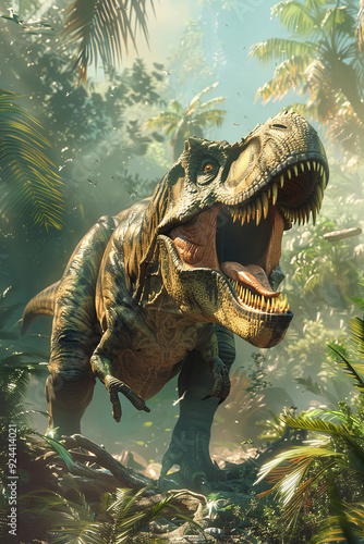 Fototapeta Naklejka Na Ścianę i Meble -  Panorama of T-rex dinosaur in prehistoric jungle