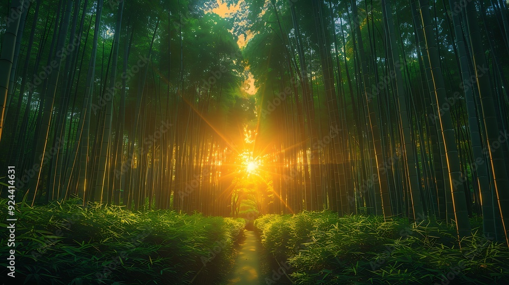 Obraz premium A picturesque image of Arashiyama Bamboo Grove, sunlight filtering through the tall bamboo stalks, creating a mystical and serene ambiance, vibrant greens, detailed textures, hd quality, natural look.