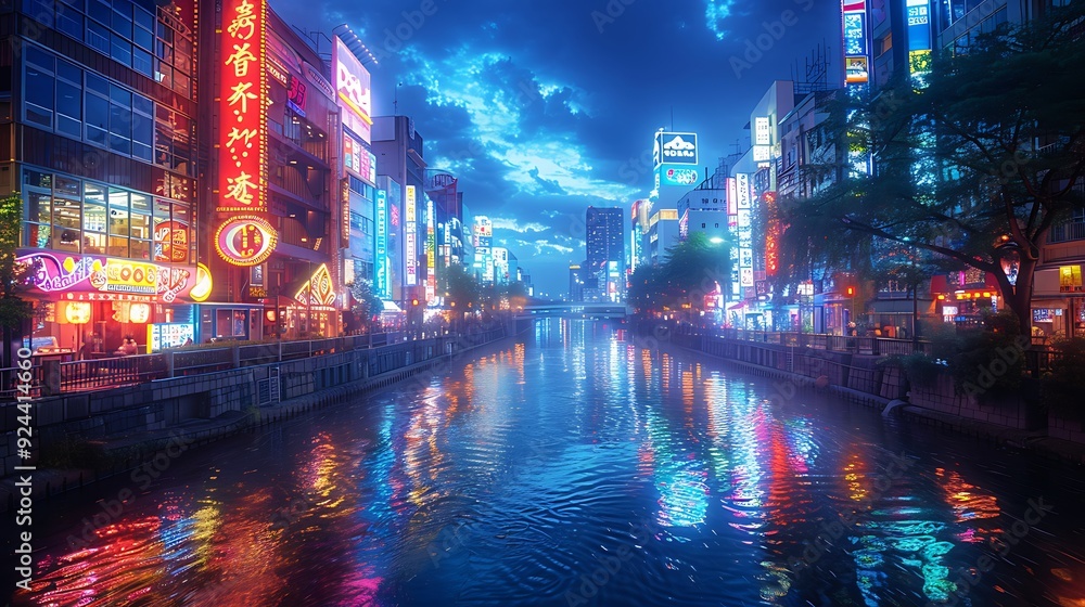 Fototapeta premium A picturesque image of Dotonbori, Osaka, neon signs glowing brightly, bustling streets with colorful reflections on the water, lively and vibrant atmosphere, detailed textures, hd quality,