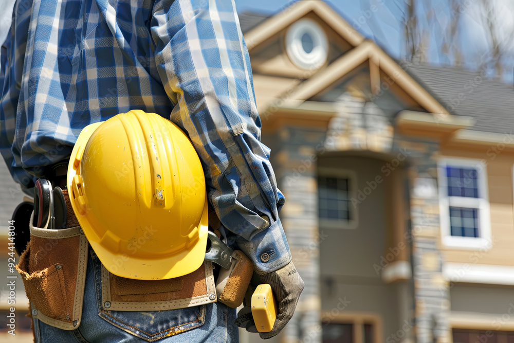Construction worker with tool and helmet, house background Construction worker with tool and helmet, house background