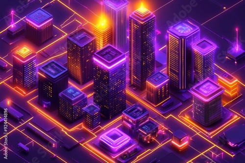 Futuristic Cityscape with Neon Lights and Illuminated Buildings