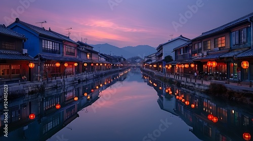 A picturesque image of Otaru canals at dusk, glowing lanterns casting warm light, traditional buildings reflected in the water, tranquil and serene setting, rich colors, hd quality, natural look.