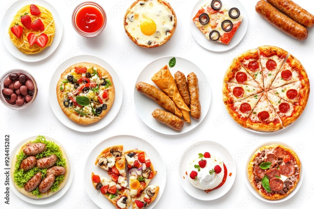 Set of various plates of food, top view, isolated on white background. Grilled chicken with vegetables, with generative ai Set of various plates of food, top view, isolated on white background. Grilled chicken with vegetables, with generative ai