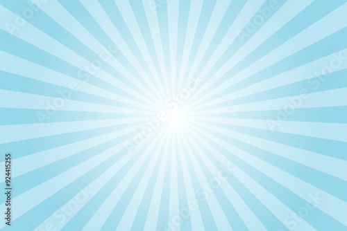 Blue sun ray vector background. Radial beam sunrise or sunset light retro design illustration. Electric blue sunburst glowing background.