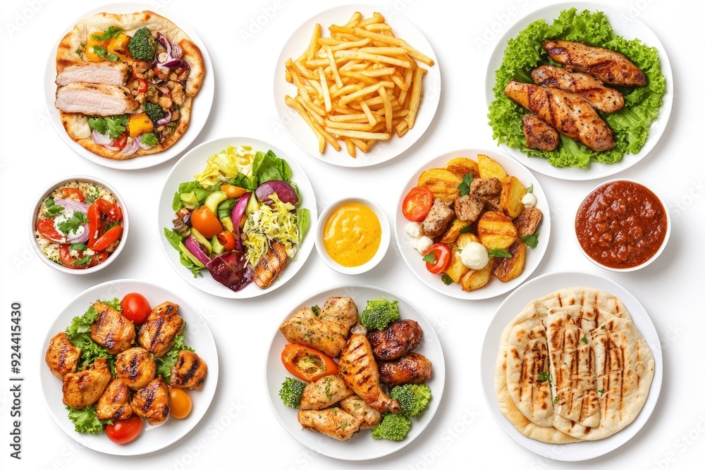 Set of various plates of food, top view, isolated on white background. Grilled chicken with vegetables, with generative ai Set of various plates of food, top view, isolated on white background. Grilled chicken with vegetables, with generative ai