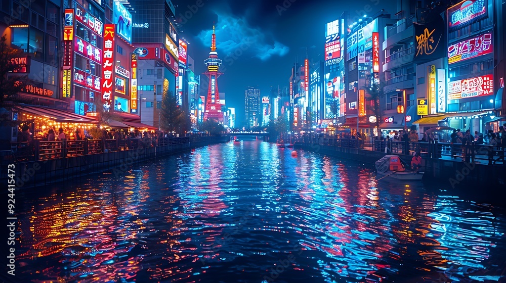 Fototapeta premium A picturesque scene of Dotonbori, Osaka, neon signs lighting up the night, bustling crowds and vibrant reflections on the canal, colorful and lively ambiance, detailed textures, hd quality,