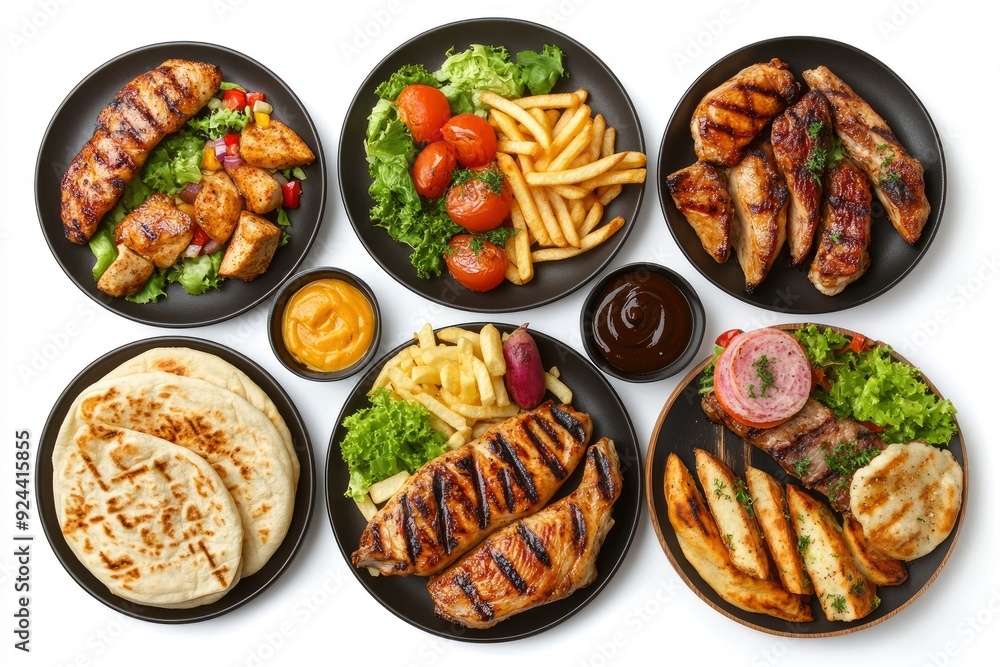 Set of various plates of food, top view, isolated on white background. Grilled chicken with vegetables, with generative ai Set of various plates of food, top view, isolated on white background. Grilled chicken with vegetables, with generative ai