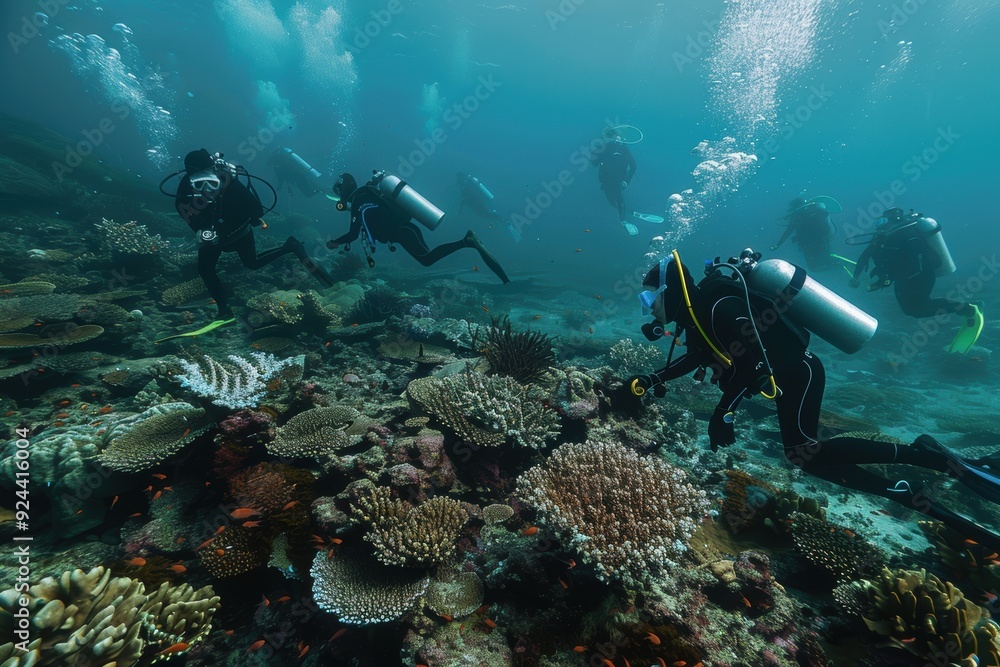 Explorers diving through vibrant coral reefs, showcasing the beauty of marine life and underwater ecosystems in a clear ocean. Explorers diving through vibrant coral reefs, showcasing the beauty of marine life and underwater ecosystems in a clear ocean.