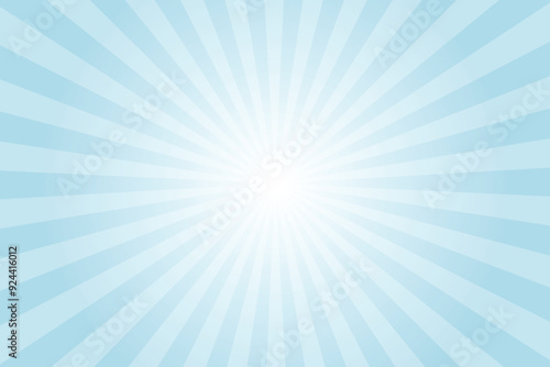 Blue sun ray vector background. Radial beam sunrise or sunset light retro design illustration. Light blue sunburst glowing background.