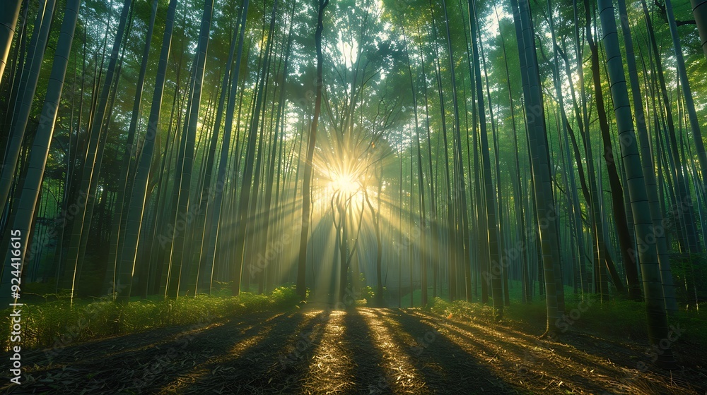 Fototapeta premium A serene photograph of Arashiyama Bamboo Grove, sunlight filtering through the tall bamboo stalks, casting dappled shadows on the forest floor, tranquil and peaceful atmosphere, hd quality,