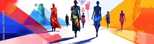 A vibrant depiction of fashion models walking on a colorful runway, showcasing elegance and artistic expression. photo