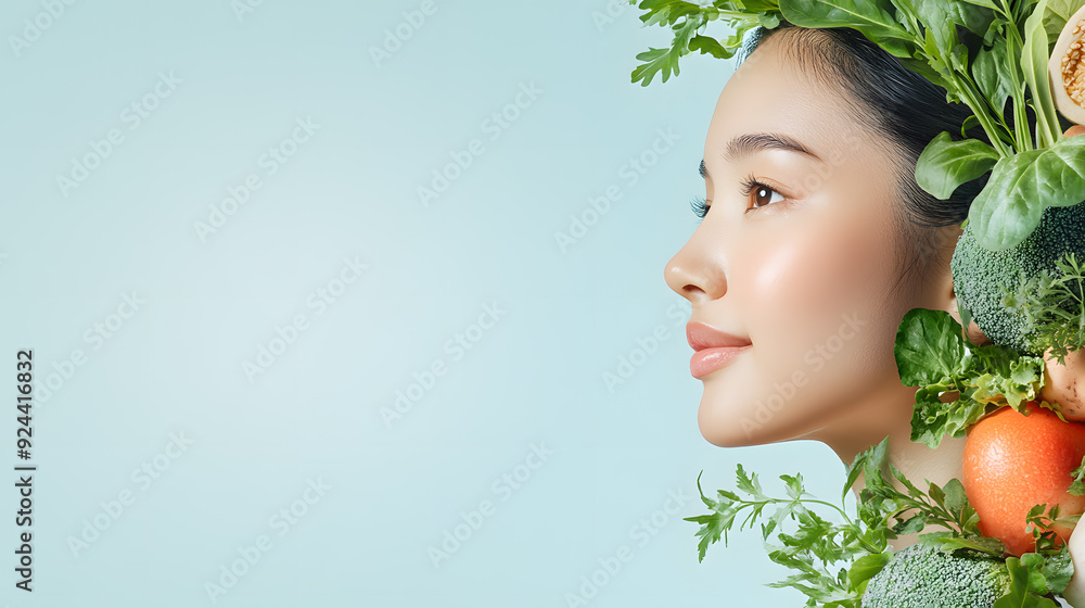 Artistic portrait of a beautiful Asian woman with colorful vegetables around her face, isolated on a background. Healthy-inspired imagery of wellness, organic living, and the beauty of a balance diet.