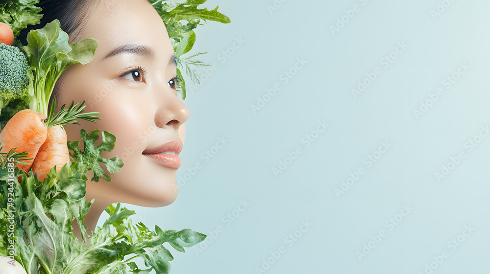 Portrait of an Asian woman with vibrant vegetables around her face, representing health and wellness. Isolated on a minimalist background, captures the essence of natural beauty and a nutritious diet. Portrait of an Asian woman with vibrant vegetables around her face, representing health and wellness. Isolated on a minimalist background, captures the essence of natural beauty and a nutritious diet.