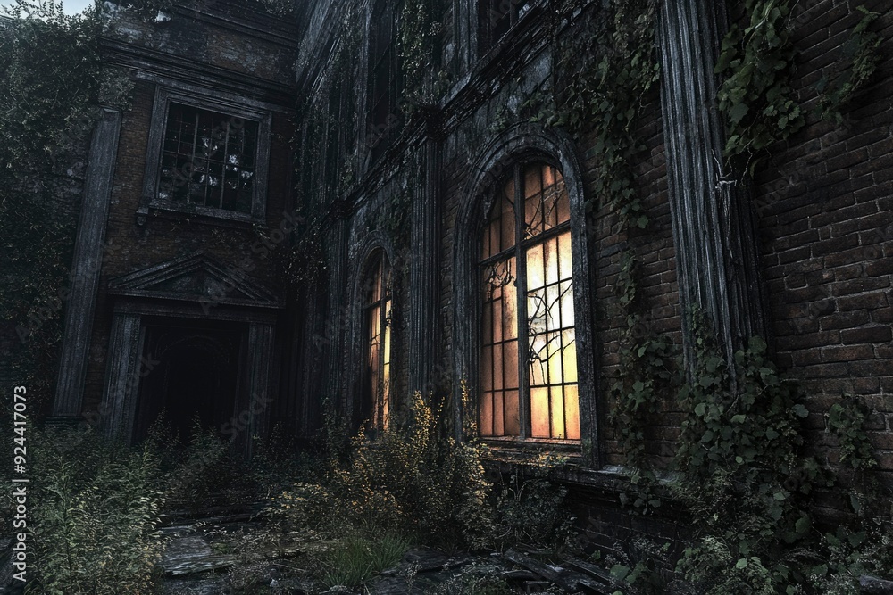 A Glowing Window in an Overgrown Abandoned Brick Building A Glowing Window in an Overgrown Abandoned Brick Building