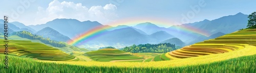 Serene landscape featuring lush fields, rolling hills, and a vibrant rainbow arching across the sky, perfect for nature-inspired themes.