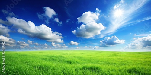 Vibrant image of blue sky meeting lush green grass in a peaceful setting photo