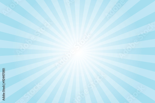 Blue sun ray vector background. Radial beam sunrise or sunset light retro design illustration. Non-Photo blue sunburst glowing background.