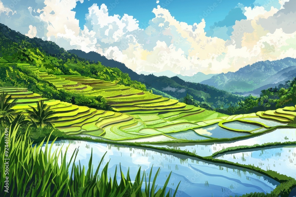 Vibrant rice terrace landscape with lush greenery and stunning clouds, capturing the beauty of nature's artistry. Vibrant rice terrace landscape with lush greenery and stunning clouds, capturing the beauty of nature's artistry.
