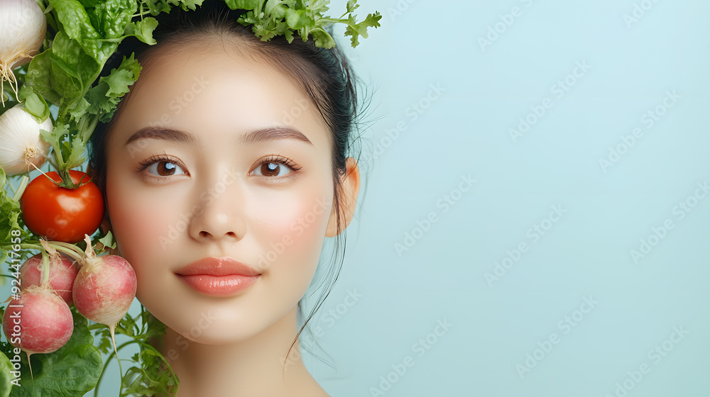 Portrait of a happy, beautiful Asian woman with an abundance of vegetables arranged around her head, symbolizing a healthy lifestyle. Isolated on a clean background, wellness, natural beauty, and joy. Portrait of a happy, beautiful Asian woman with an abundance of vegetables arranged around her head, symbolizing a healthy lifestyle. Isolated on a clean background, wellness, natural beauty, and joy.