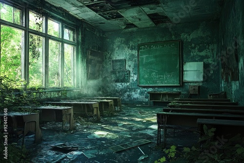 Abandoned Classroom Overgrown with Plants photo