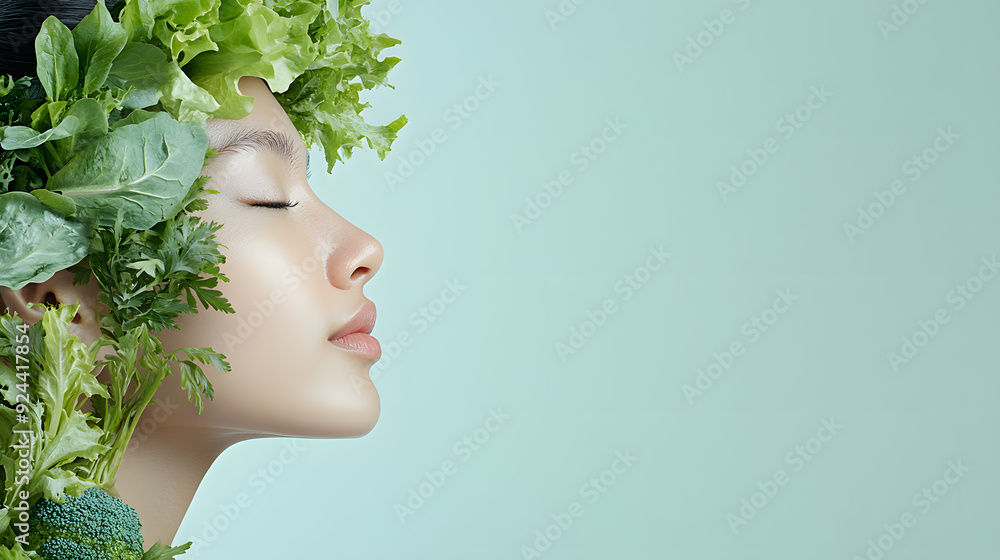 Side view portrait of a beautiful Asian woman with green vegetables surrounding her face and head, healthy lifestyle. Isolated on a clean background, wellness, natural beauty, and plant-based living. Side view portrait of a beautiful Asian woman with green vegetables surrounding her face and head, healthy lifestyle. Isolated on a clean background, wellness, natural beauty, and plant-based living.
