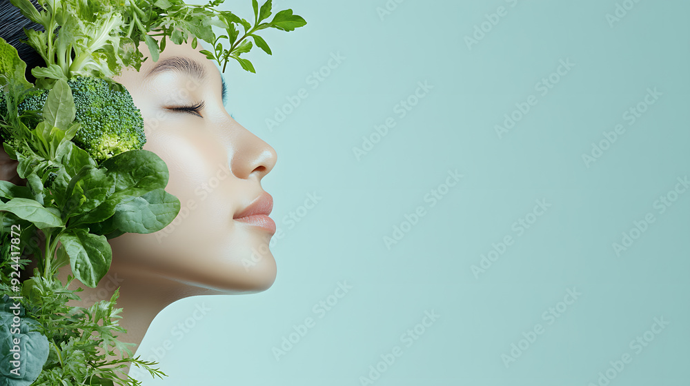 Side view portrait of a beautiful Asian woman with green vegetables surrounding her face and head, healthy lifestyle. Isolated on a clean background, wellness, natural beauty, and plant-based living. Side view portrait of a beautiful Asian woman with green vegetables surrounding her face and head, healthy lifestyle. Isolated on a clean background, wellness, natural beauty, and plant-based living.