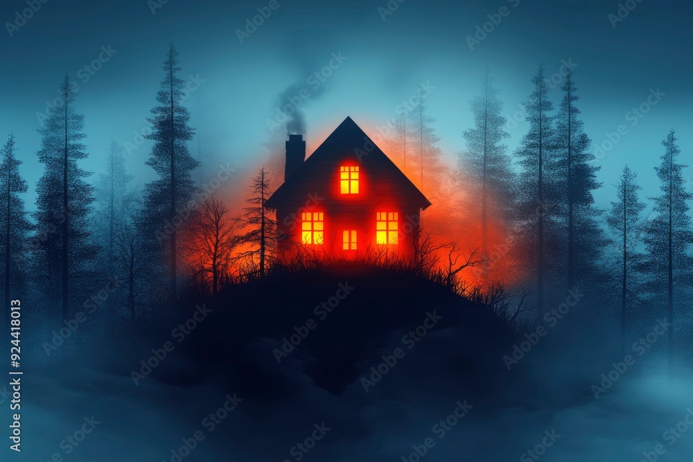 A Luminous Cabin in a Foggy Forest at Night A Luminous Cabin in a Foggy Forest at Night
