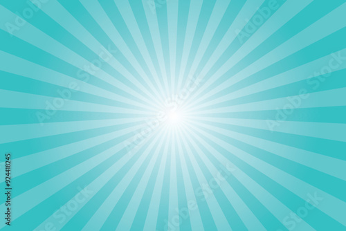 Blue sun ray vector background. Radial beam sunrise or sunset light retro design illustration. Robin Egg blue sunburst glowing background.