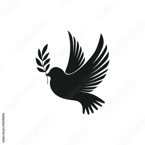 Beautiful flying dove bird peace symbol black silhouette illustration. Pigeon black silhouette icon isolated on a white background. Flying bird icon