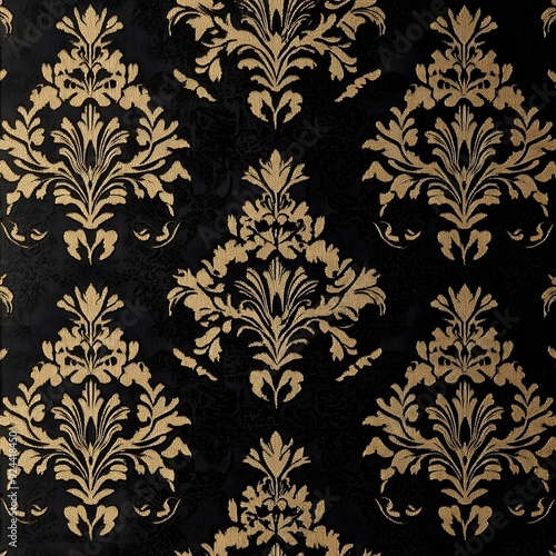 Black Fabric with Gold Floral Damask Pattern photo