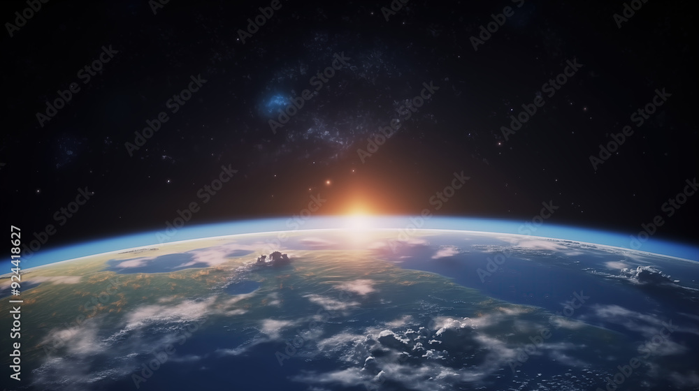 Obraz premium The Earth seen from space with the sun rising on its horizon.