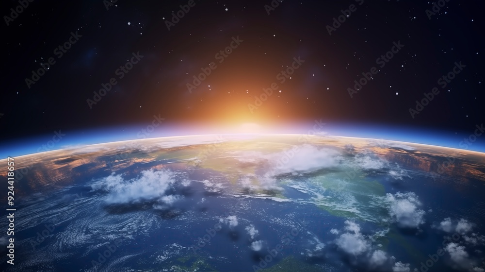 Fototapeta premium The Earth seen from space with the sun rising on its horizon.