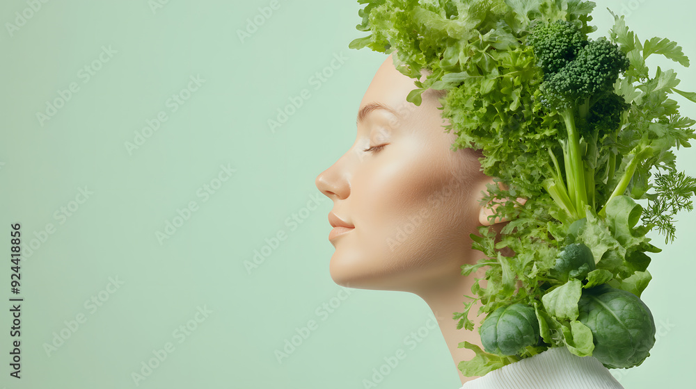 Side view portrait of a woman with vegetables artfully arranged on her face and head, the vegan lifestyle. Isolated on a background with free space, Concepts of health, wellness, and organic beauty. Side view portrait of a woman with vegetables artfully arranged on her face and head, the vegan lifestyle. Isolated on a background with free space, Concepts of health, wellness, and organic beauty.