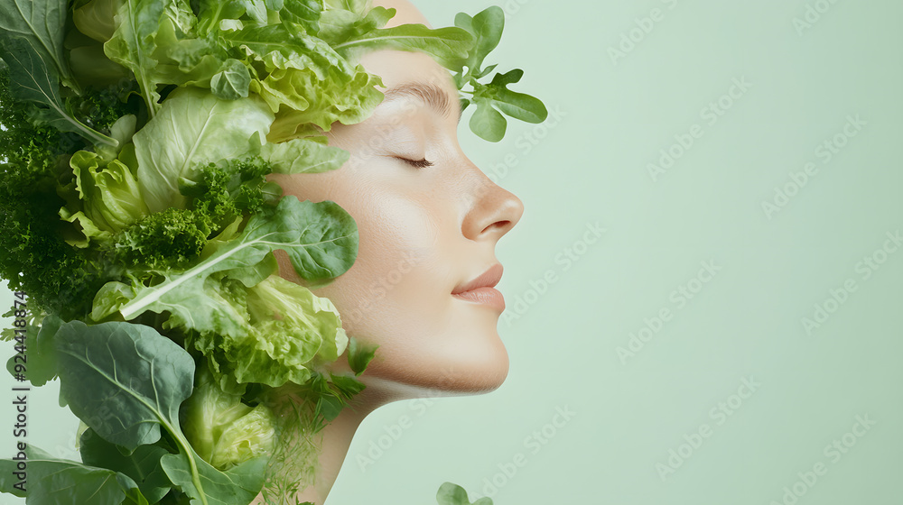 Side view portrait of a woman with vegetables artfully arranged on her face and head, the vegan lifestyle. Isolated on a background with free space, Concepts of health, wellness, and organic beauty. Side view portrait of a woman with vegetables artfully arranged on her face and head, the vegan lifestyle. Isolated on a background with free space, Concepts of health, wellness, and organic beauty.