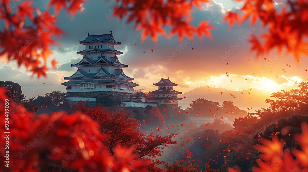 Fototapeta premium A tranquil image of Himeji Castle during autumn, vibrant red and orange leaves surrounding the castle, warm sunlight casting gentle shadows, serene and peaceful atmosphere, high detail, hd quality,