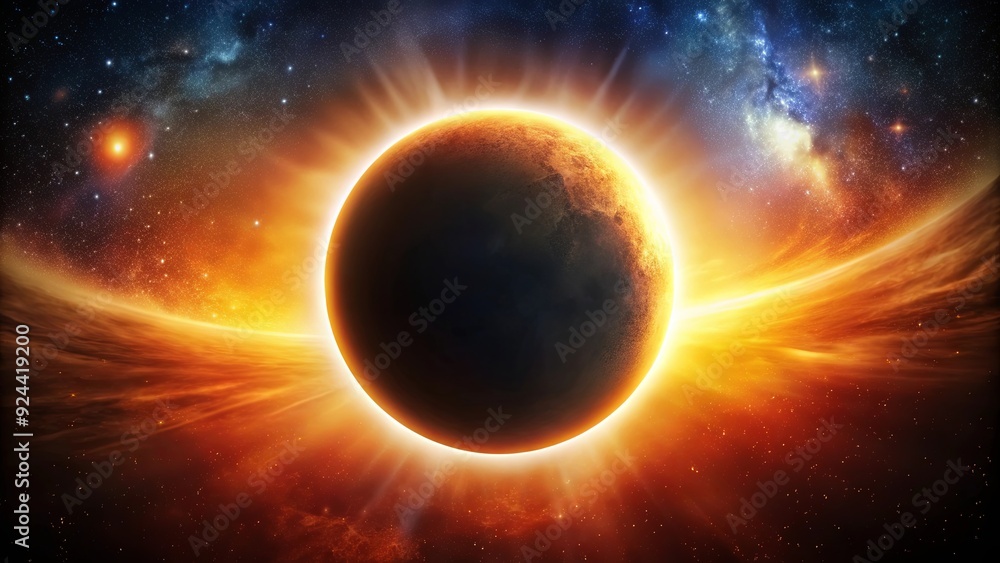 Full sun eclipse with moon covering the sun completely, creating a spectacular cosmic display Full sun eclipse with moon covering the sun completely, creating a spectacular cosmic display