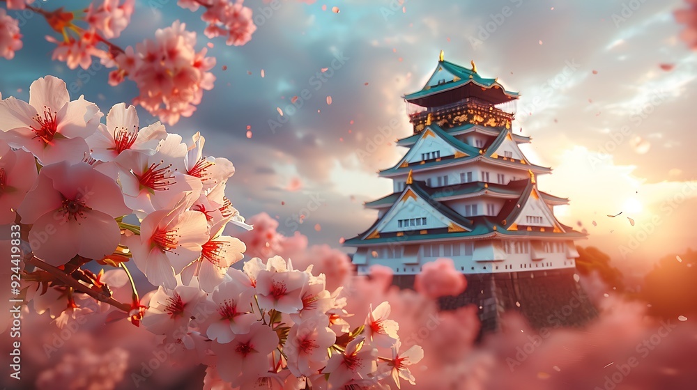 Obraz premium A vibrant image of Osaka Castle in spring, cherry blossoms in full bloom, sunlight casting warm hues, petals gently falling around, tranquil park setting, high detail, hd quality, natural look.